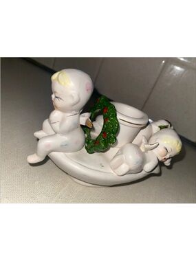 Vintage Napco Sleeping Angels Candle Holder White 1960's Christmas Holiday